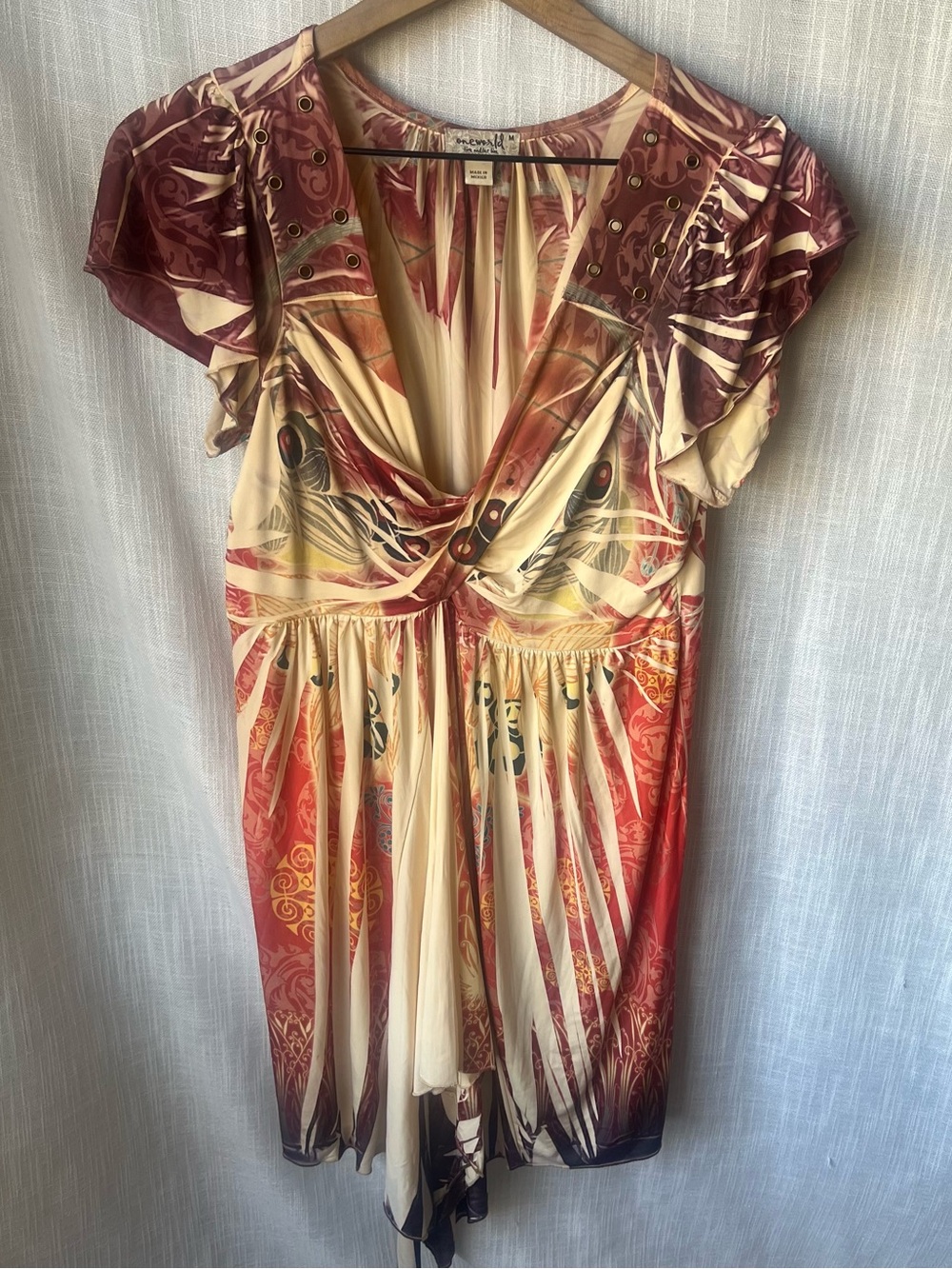 ONE WORLD Cream and Red Printed V-Neck Mini Dress